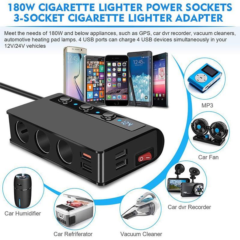 Bộ sạc ô tô đa năng 180W 12V Ổ cắm điện cho xe hơi Ổ cắm điện kép Cổng USB QC 3.0 sạc nhanh