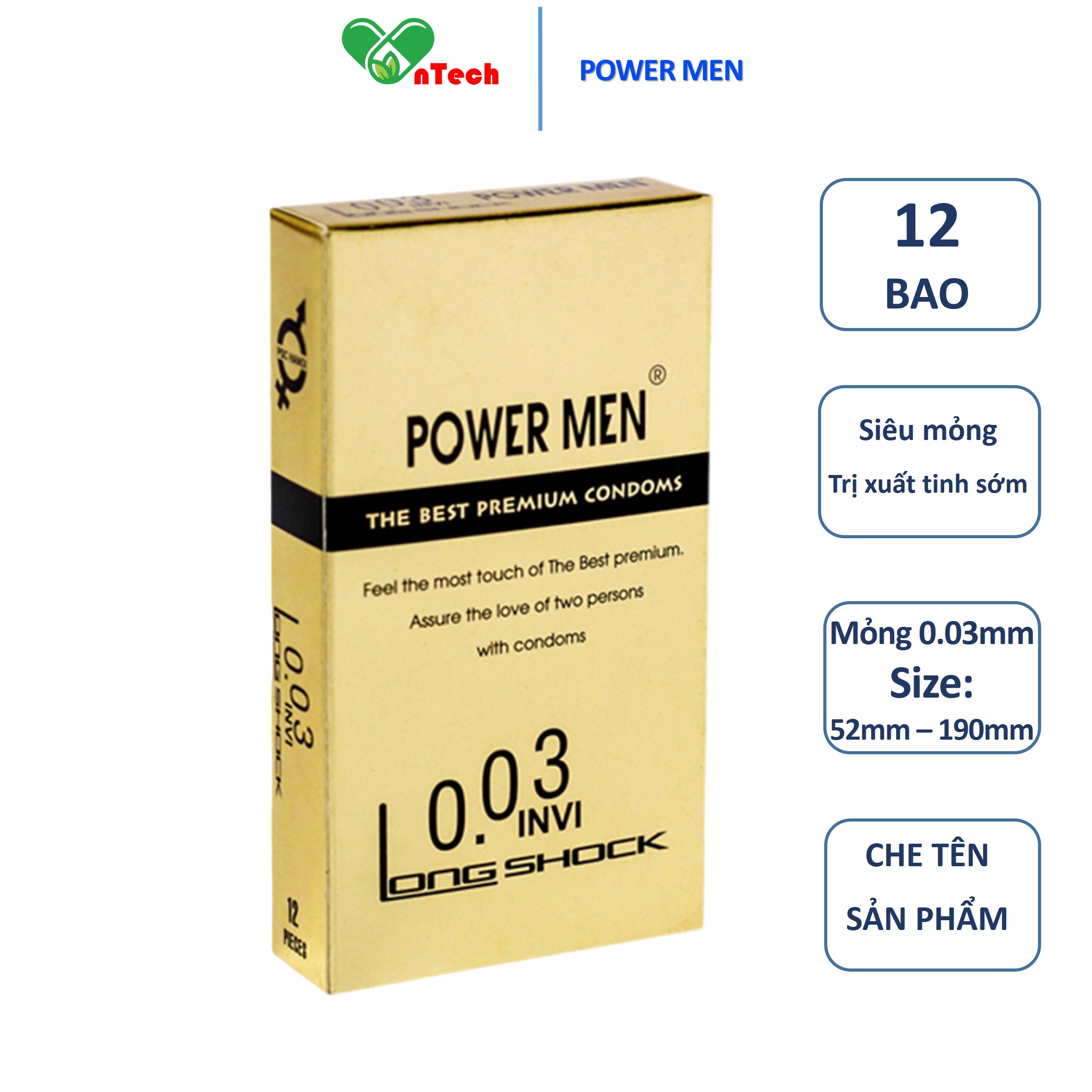 Bao cao su POWER MEN 0.03 INVI điệp viên tàng hình 0.03 siêu mỏng kéo dài thời gian hạn chế xuất tinh sớm hộp 12 chiếc