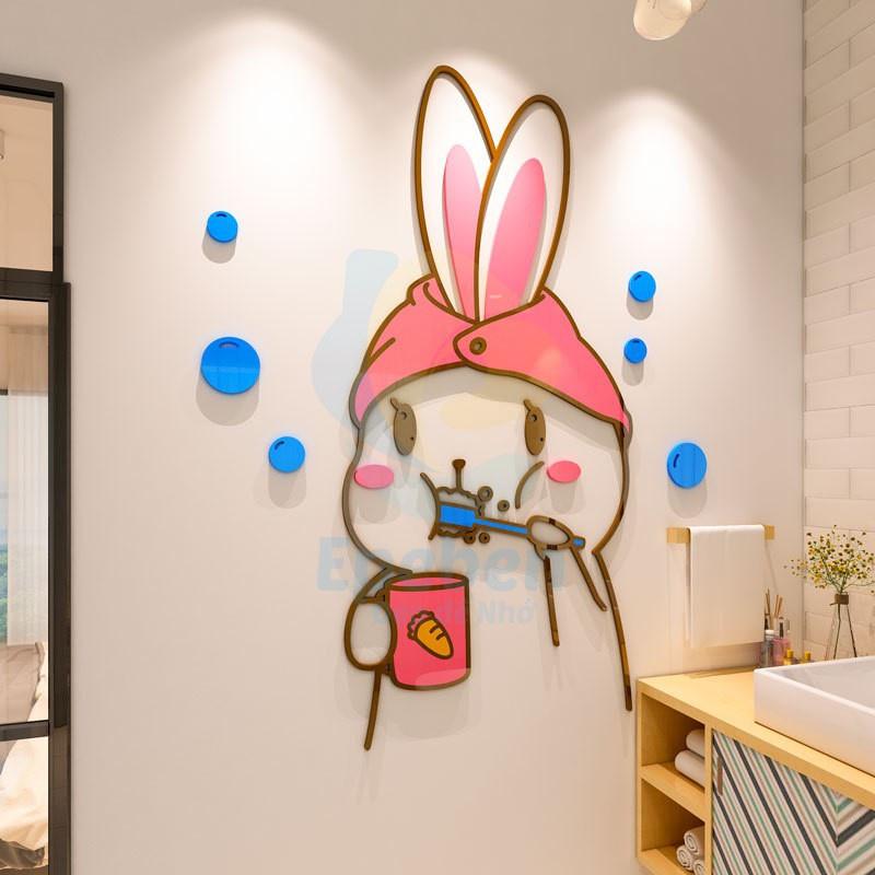 Tranh dán tường mica 3d decor khổ lớn bé thỏ trang trí mầm non, mẫu giáo, phòng cho bé