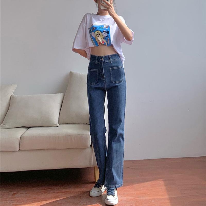 MS937 Quần jeans nữ cạp cao 2 túi trước ống loe hack dáng chân dài - Xanh