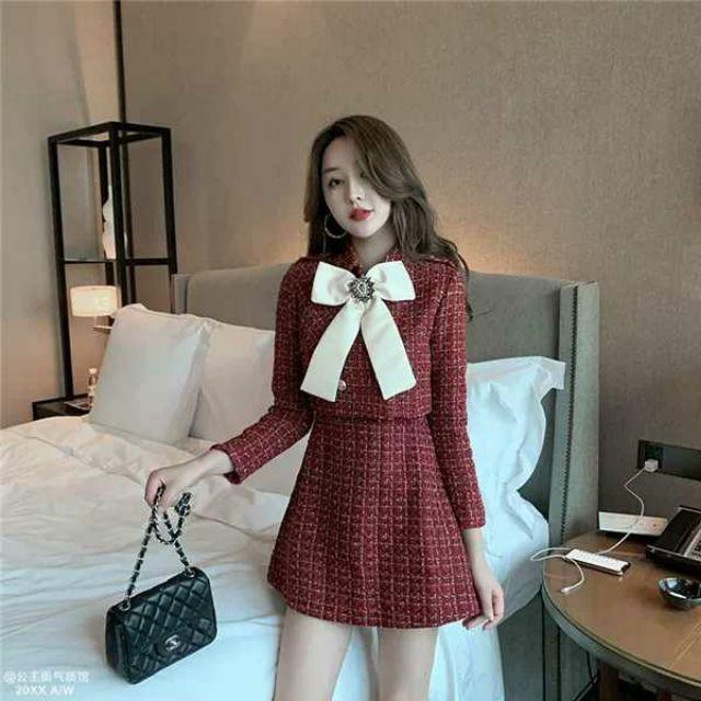 (SẴN) Set áo váy dạ tweed kèm nơ