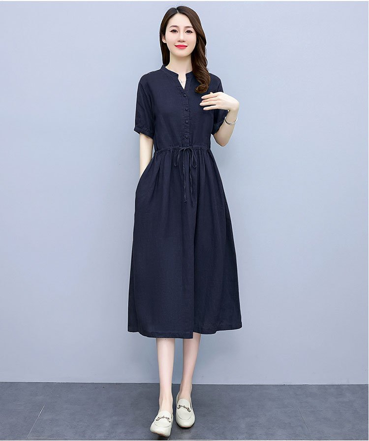 Đầm linen suông cổ phát V, tay ngắn có dây rút eo, phong cách công sở cho nữ Haint Boutique 