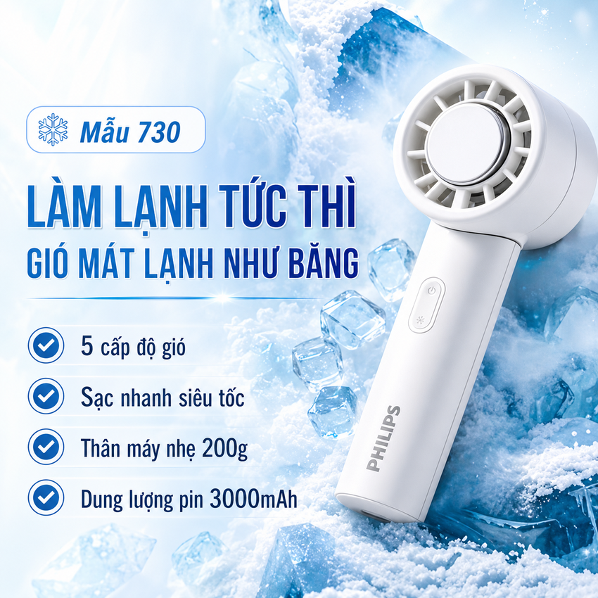Quạt Cầm Tay Philips Serial 2000 ACR2124PPF ACR2124MPF Pin 3000mAh Sạc USB Cao Cấp - HÀNG CHÍNH HÃNG