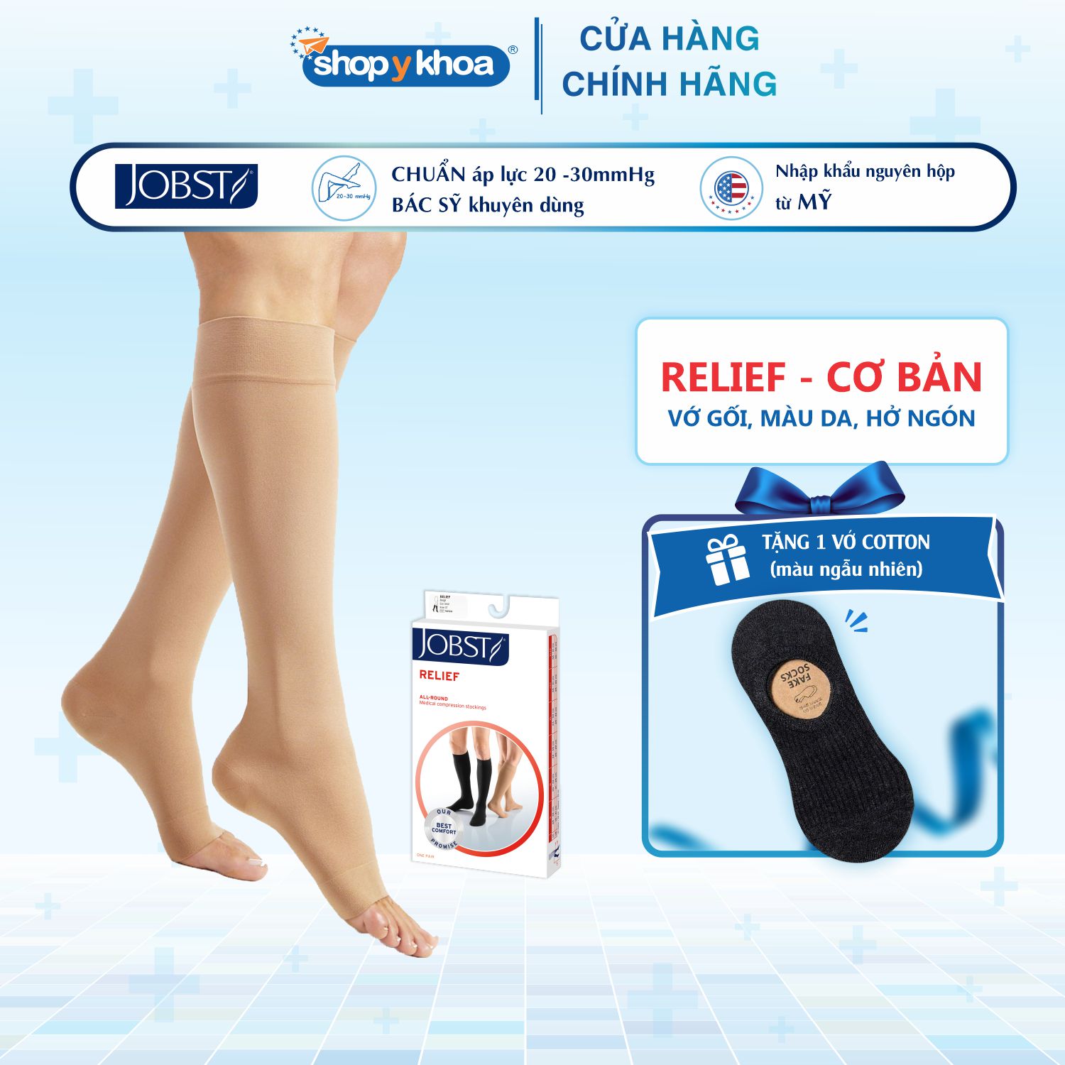Vớtất y khoa gối hỗ trợ điều trị suy giãn tĩnh mạch chân JOBST Relief chuẩn áp lực 20-30mmHg - 40 Da - Size S
