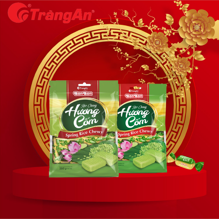 Combo 2 gói kẹo Chewy hương cốm Bon Bon 250g, thương hiệu Tràng An, hạn sử dụng 12 tháng