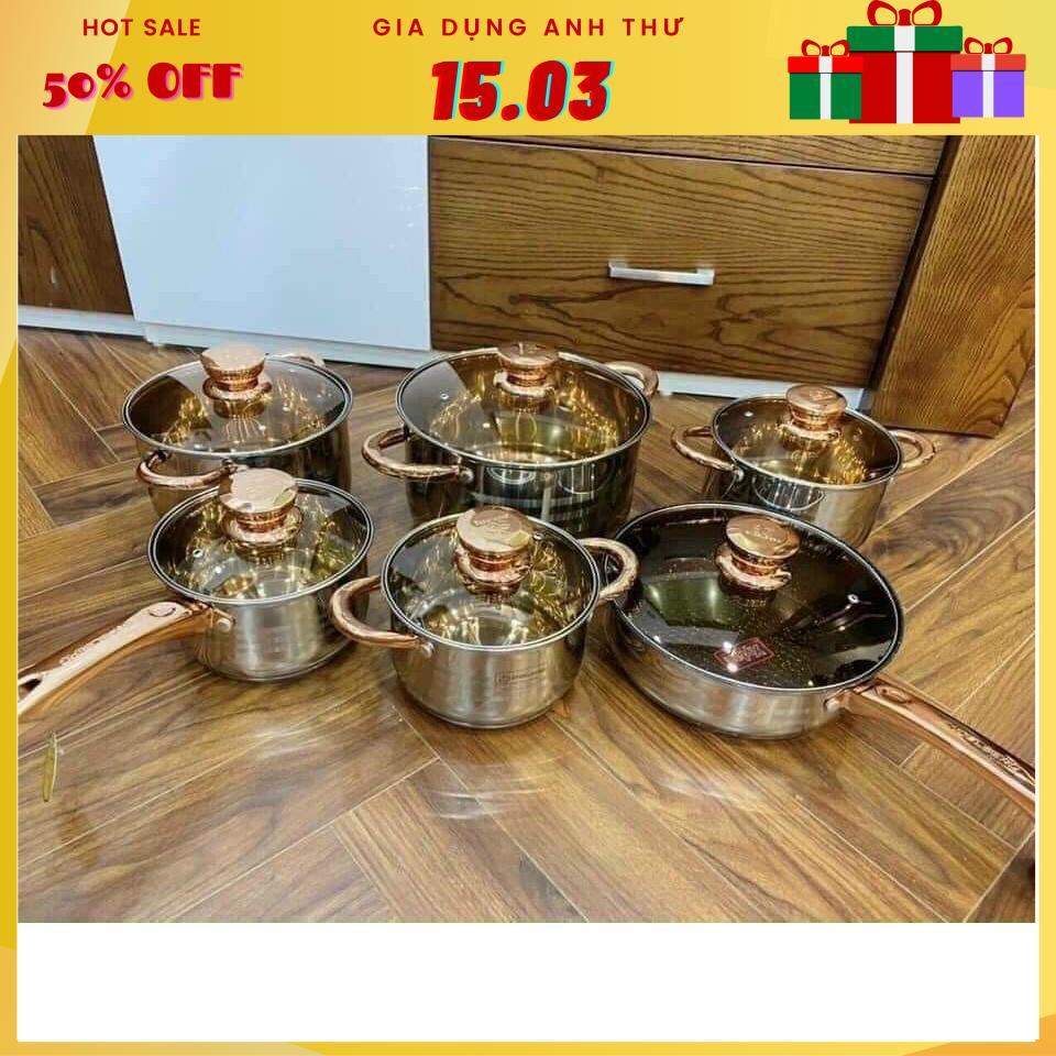 Set Bộ nồi Đức 5 đáy Yimeitai gồm 6 món lắp hợp kim vàng dùng cho mọi loại bếp điện, bếp từ, bếp ga