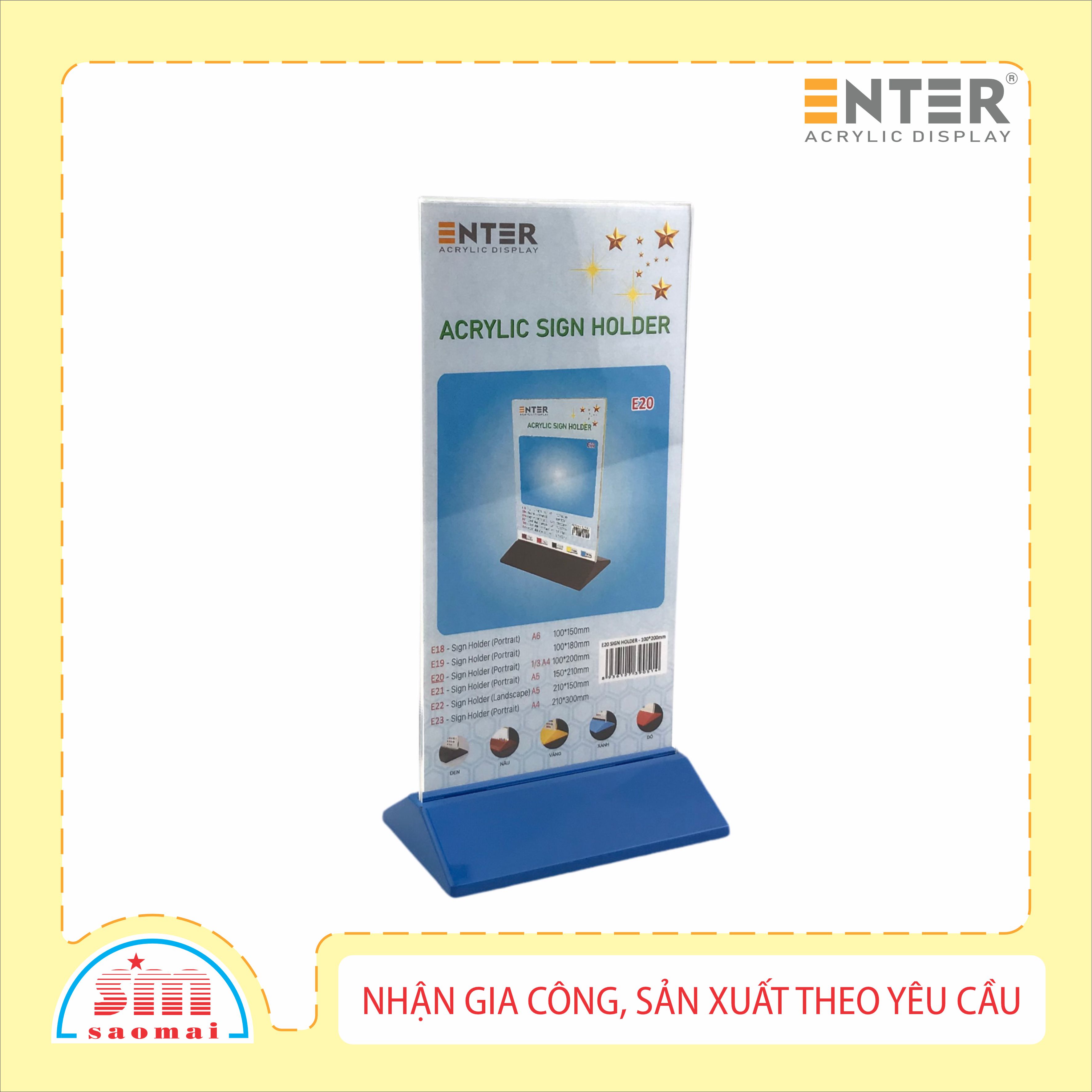 Kệ menu nhà hàng, Standee mica để bàn, Bảng quét mã QR Code, Kệ mica 2 mặt Enter E20 100x210mm đế màu