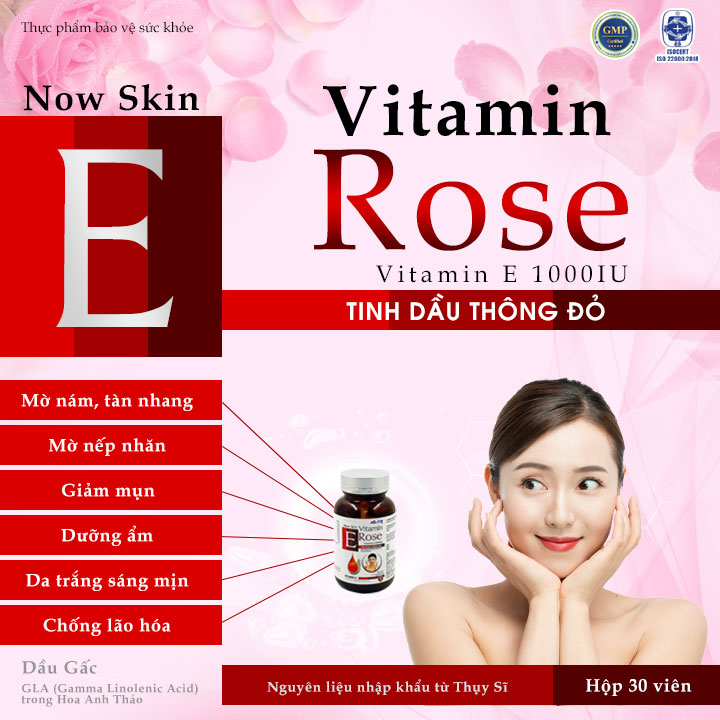 Viên uống đẹp da ngăn ngừa lão hóa Now Skin Vitamin E Rose 1000IU giúp giảm sạm nám nếp nhăn tàn nhang. Hộp 30 viên