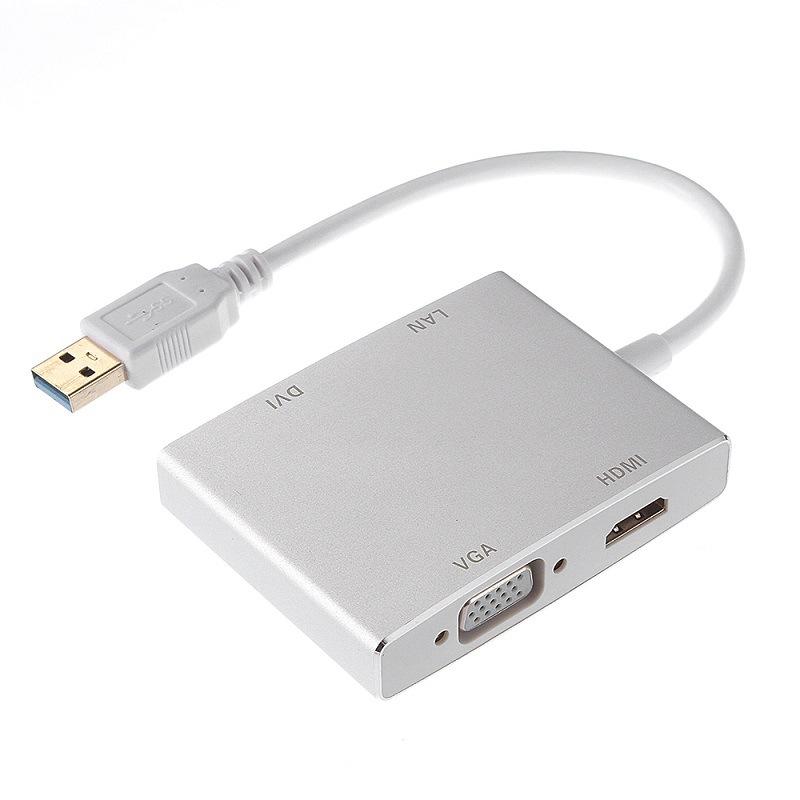 Khuyến mại Bộ chuyển đổi USB3.0 sang HDMI+DVI+VGA+RJ45 Bộ mở rộng Hub tất cả trong một USB sang HDMI