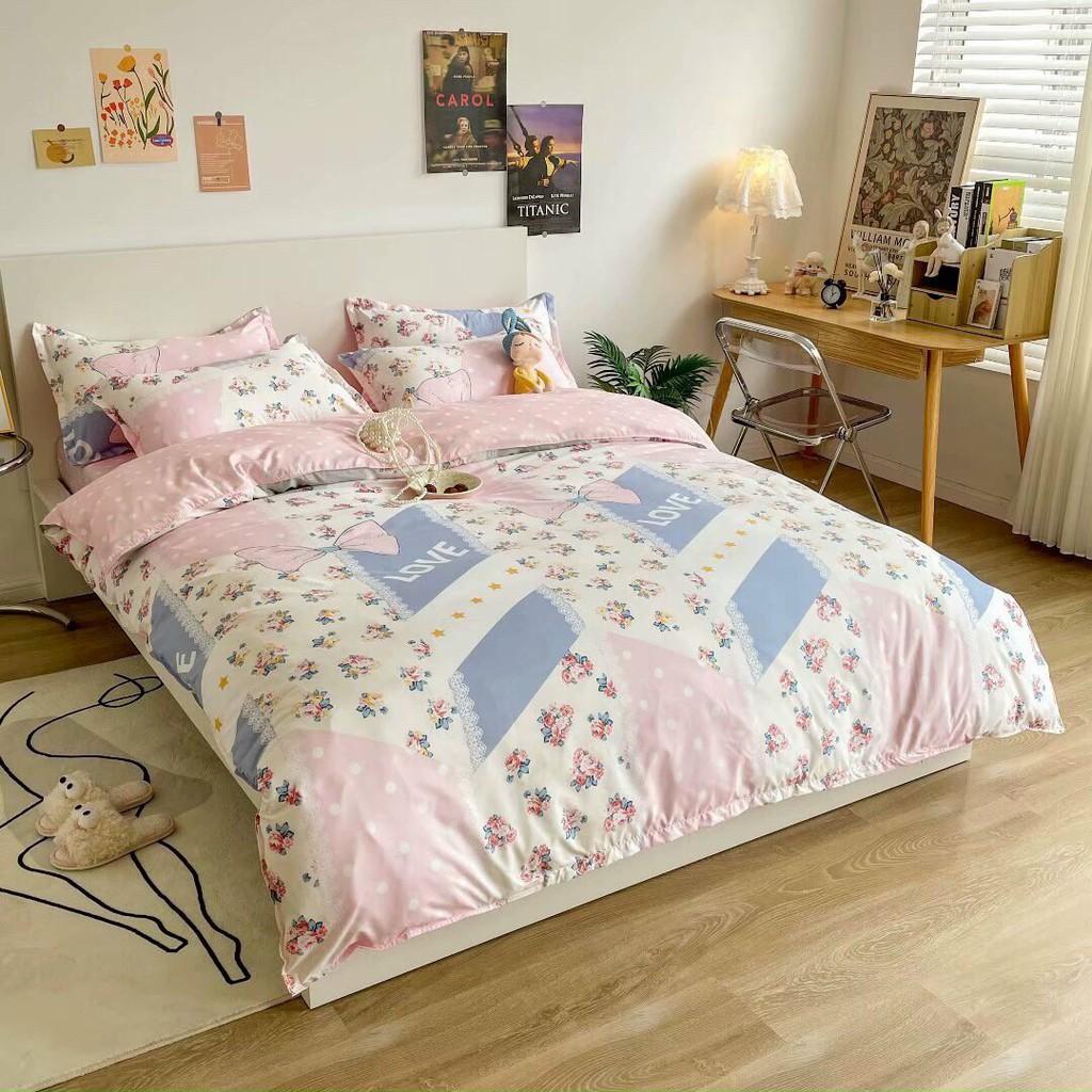 Bộ chăn ga gối Cotton Poly M2T bedding Cánh hồng, vỏ chăn mền, drap giường và 2 vỏ gối
