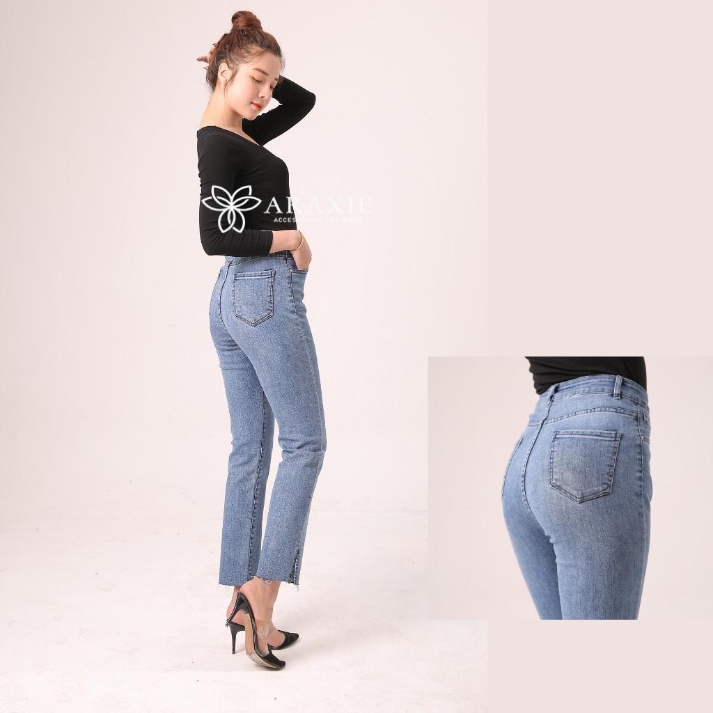 Quần jeans ống đứng nữ màu xanh xẻ gấu co giãn 4 chiều JAOD05