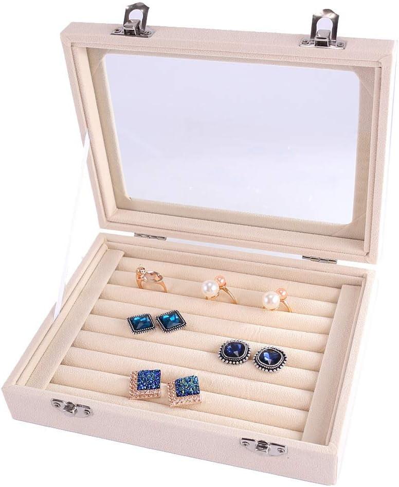 Hộp lưu trữ cho nhẫn, trang sức, 7 vị trí nhung trong suốt có nắp hoa tai, khay trang sức, màn hình lưu trữ cho nhẫn, hoa tai