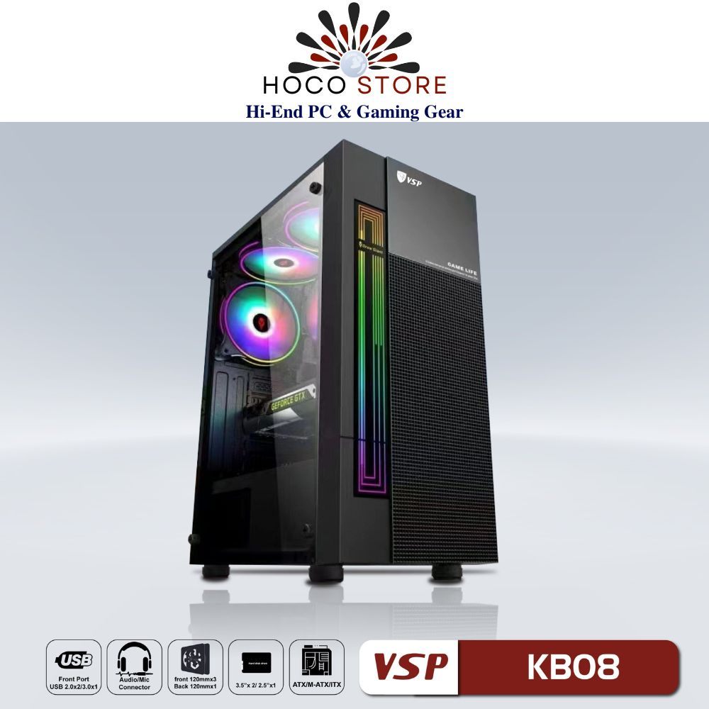 Vỏ Case máy tính VSP - Esport Gaming KB08 - Mặt Trước LED RGB, Nắp Hông Kính Cường Lực - Hàng Chính Hãng
