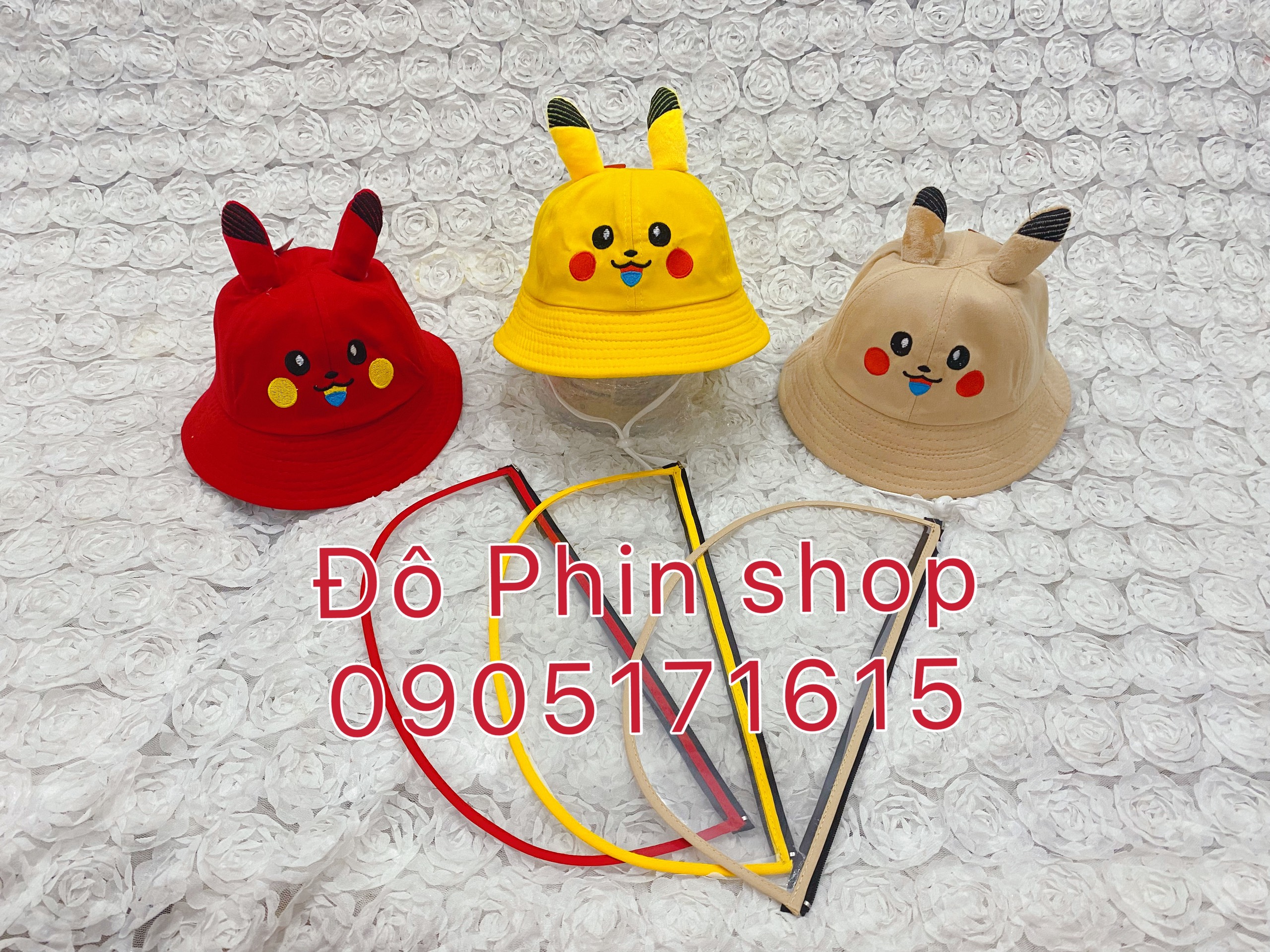 Mũ vành bucket Pikachu chống giọt bắn trẻ em, vòng đầu 52cm, có dây quai nón, tấm chắn có thể tháo rời làm nón thời trang cho bé