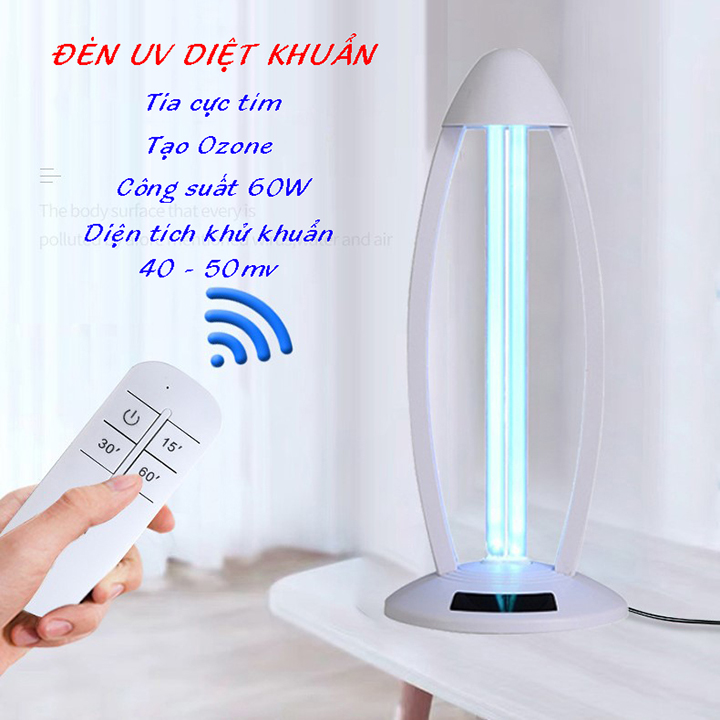 Đèn UV diệt khuẩn khử trùng bằng tia cực tím 220V/60W có ozone, hỗ trợ remoss điều khiển từ xa, hẹn giờ với 3 mốc thời gian, diện tích diệt khuẩn tối đa 60mv