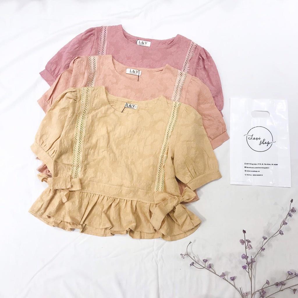 Áo xô thêu babydoll 2 nơ Áo xô ren cột nơ 2 bên nhiều màu Lovi