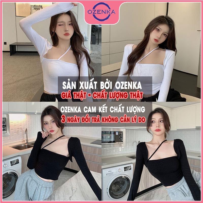 Áo khoác croptop sát nách tay dài áo 2 dây OZENKA chất thun gân 100% cotton đen trắng free size dưới 50 kg