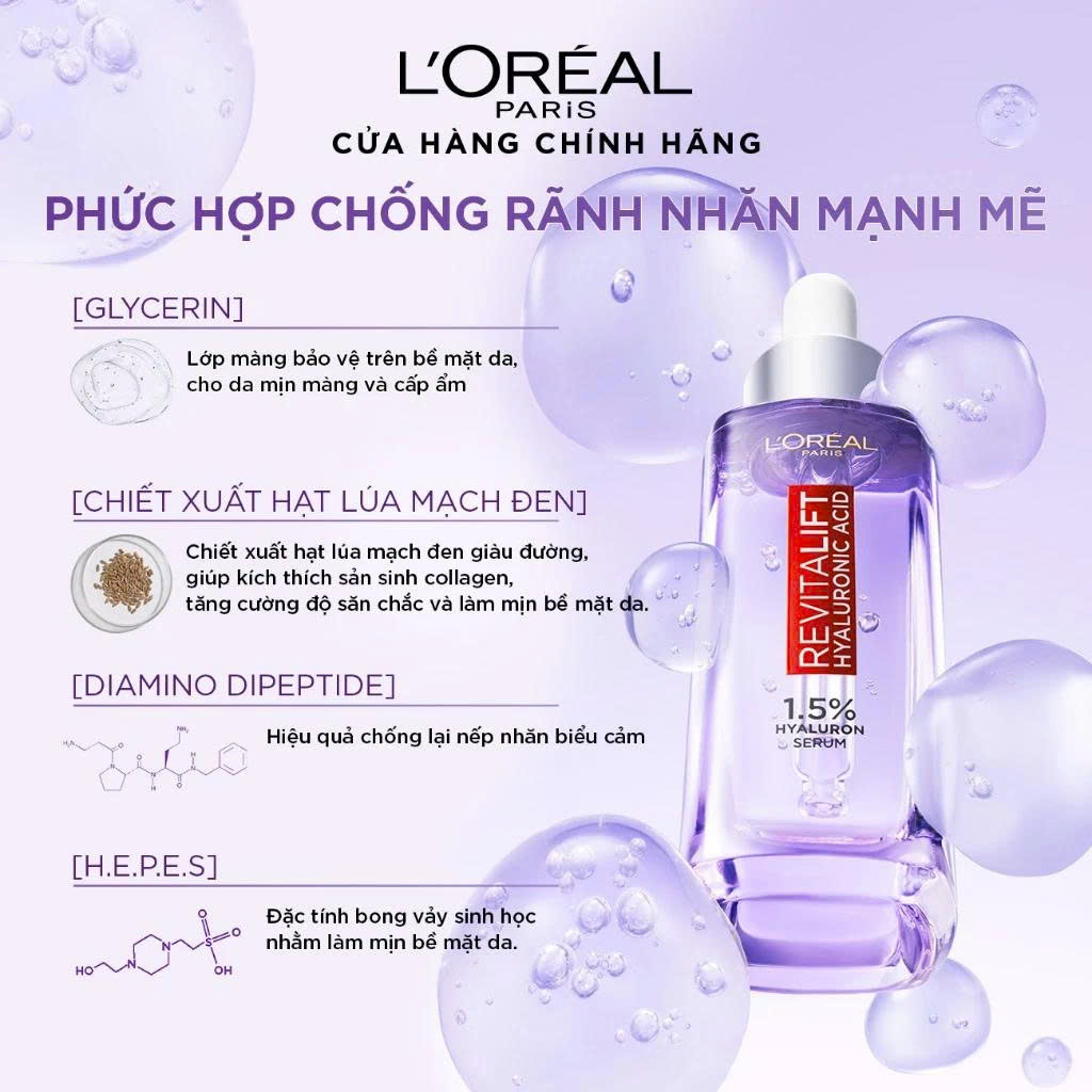 Serum dưỡng cấp ẩm tức thì, giúp làm giảm nếp nhăn &amp; căng mướt da L'Oreal Paris Revitalift 1.5% Hyaluronic Acid 30ml