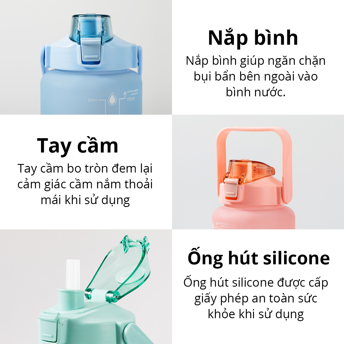 Bình Đựng Nước Thể Thao 2L Kèm Ống Hút Bao Bì Dễ Thương Có Vạch Báo Giờ Uống Nước Chia Lượng Nước Agnite - Nhựa Cao Cấp An Toàn Đầy Đủ Kiểm Định Chất Lượng Phù Hợp Gym Yoga Chạy Bộ Picnic - VS818 VS819