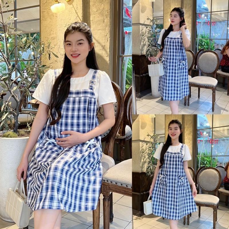 Đầm bầu yếm liền Karo phối túi dễ thương, xinh xắn chất cotton lụa Váy Bầu Năng Động - Đen