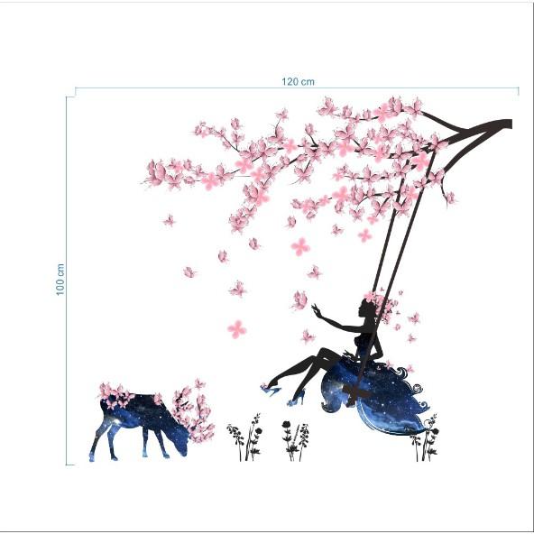 Decal trang trí tường - Cô Gái Hoa Xích Đu và Trâu Hoa
