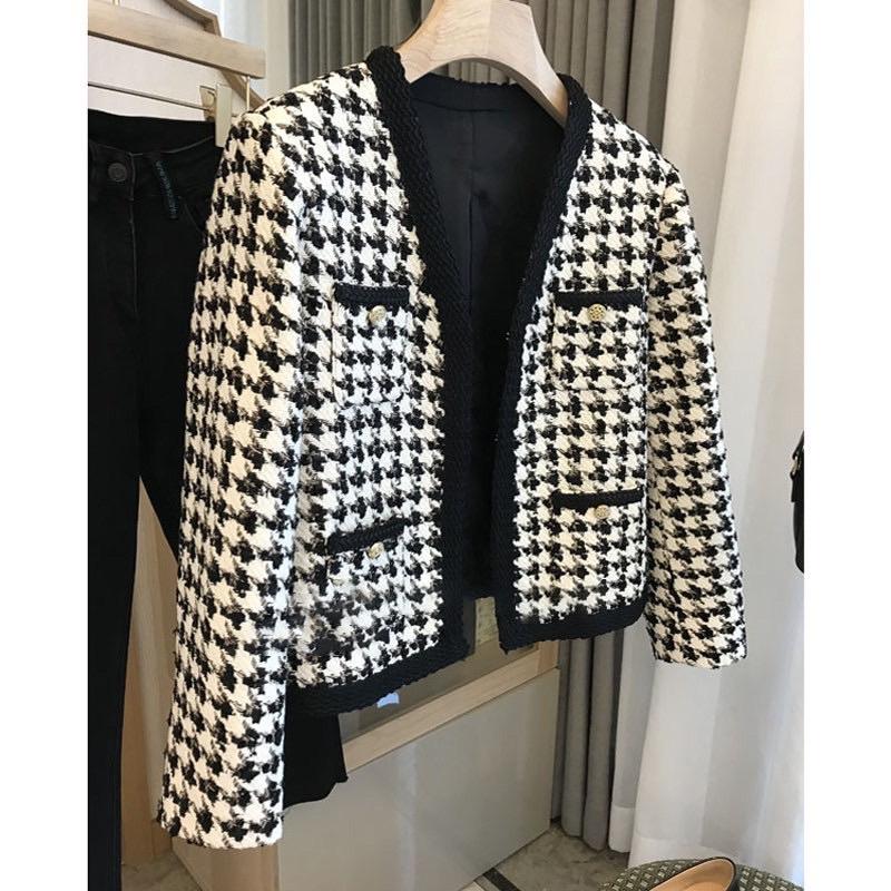 Áo khoác dạ Tweed kẻ sọc ziczac cổ V