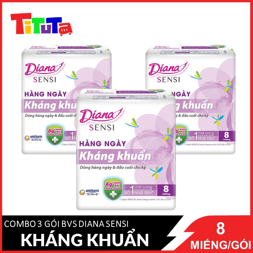 Combo 3 Băng vệ sinh hàng ngày Diana Sensi hàng ngày kháng khuẩn (Tím) 8 miếng/gói X3