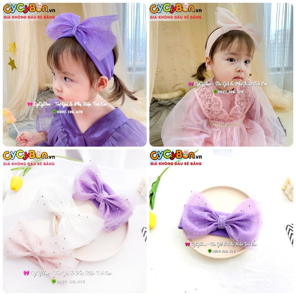 Băng Đô Cài Tóc Bờm Tóc Cho Bé Gái Nơ Voan Ren To Bảng Thun Len Bao Co Giãn Theo Cỡ Đầu Của Bé!
