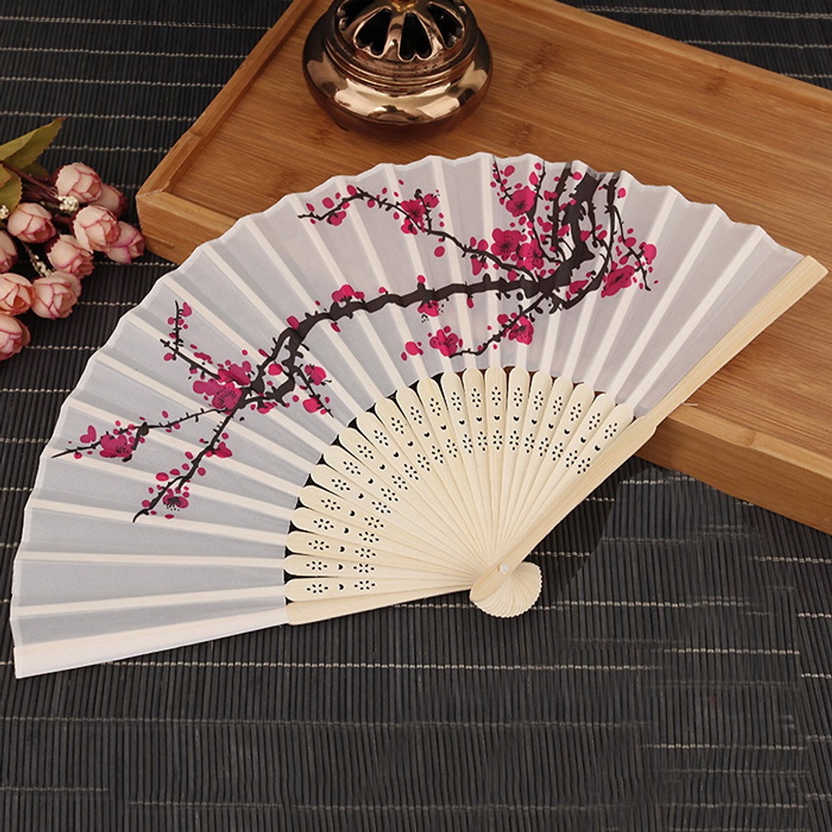 QUẠT XẾP CẦM TAY IN HỌA TIẾT HOA ĐƠN GIẢN THANH LỊCH / HỌA TIẾT HOA ANH ĐÀO - HN