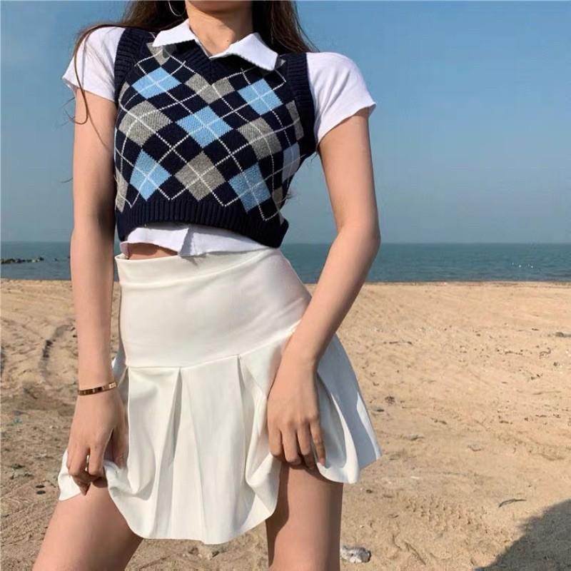 Set áo polo mix gile crotop kẻ caro Ulzzang 2021