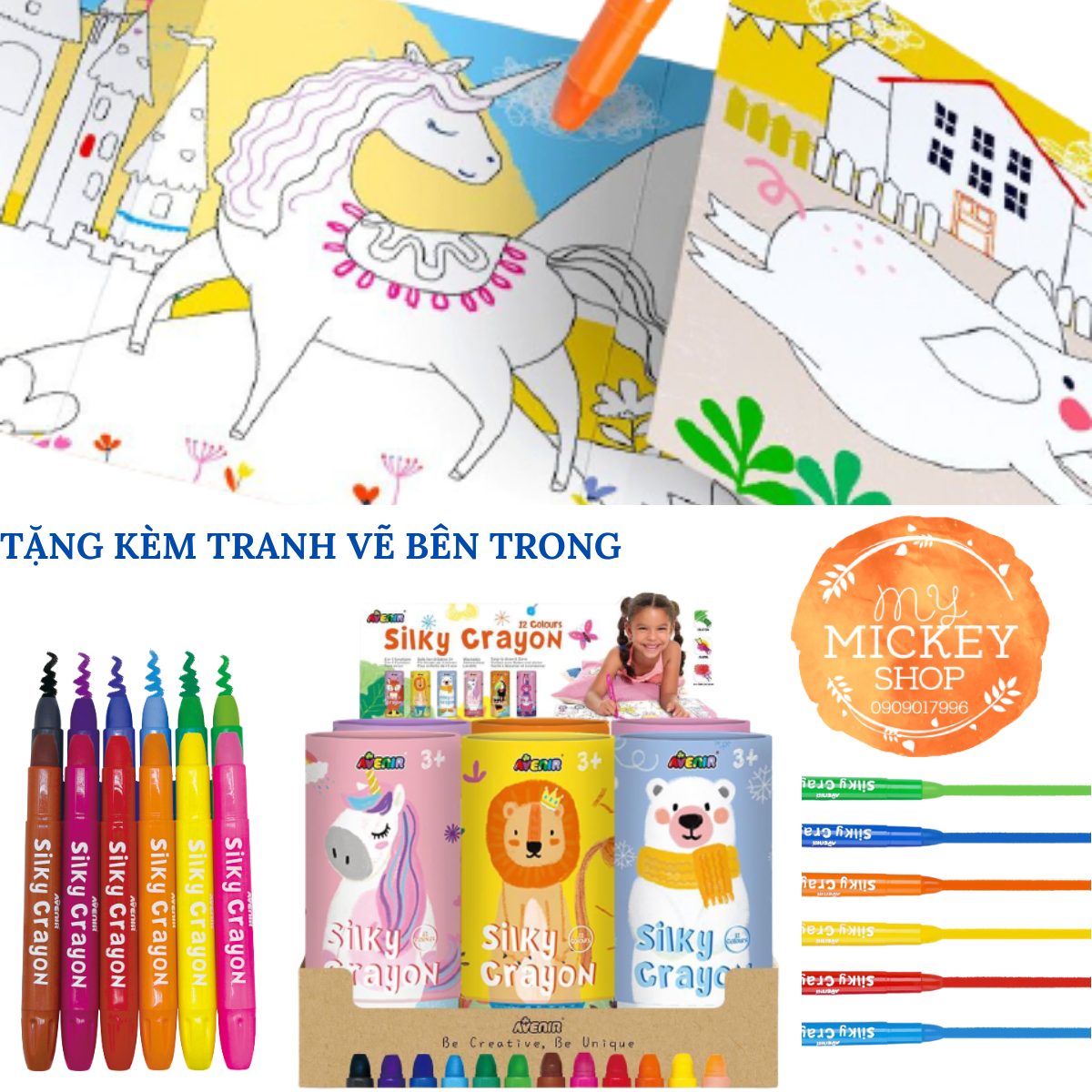 Hộp bút sáp dầu 12 màu Avenir có 6 mẫu cho bé lựa chọn - Avenir Silky Crayon My Mickey Shop