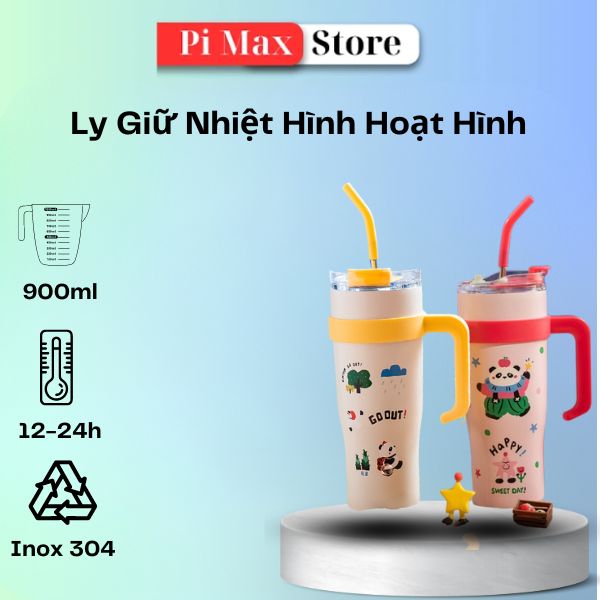 Ly Giữ Nhiệt Nhám Hình Hoạt Hình Tặng Kèm Ống Hút Bình Giữ Nhiệt Inox  , Cốc Giữ Nhiệt Có Tay Cầm