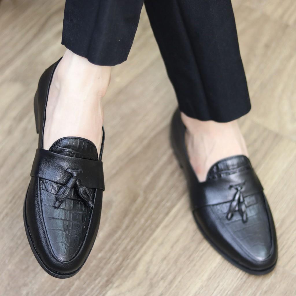 Giày lười da nam dập vân cá sấu, có chuông - Đế cao su non cao 3cm, Mã x091C, Màu Đen- Hàng Việt