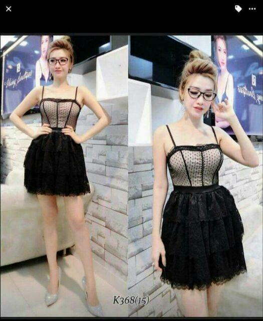 Đầm cúp lưới bi váy tầng ren