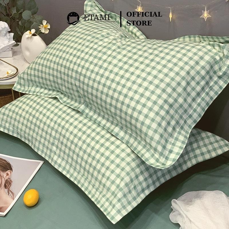Bộ chăn ga gối đệm cao cấp cotton poly kẻ xanh cute miễn phí bo chun drap giường , ga trải giường P13