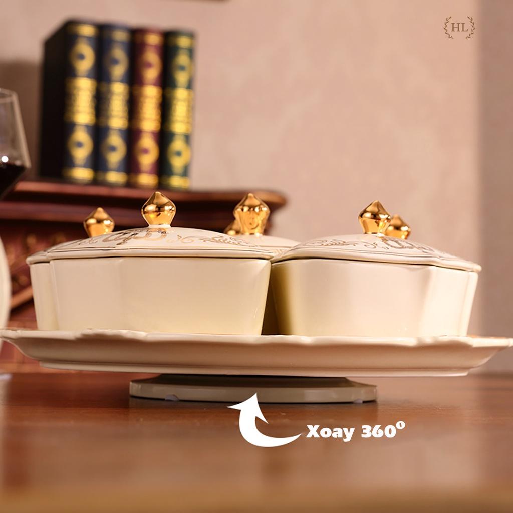 KHAY SỨ TRÒN CÓ NẮP ĐẬY HOÀNG GIA CAO CẤP XOAY 360 ĐỘ KẺ VÀNG KIM CHO SẢNH PHÒNG KHÁCH - BIỆT THỰ ĐỰNG BÁNH KẸO 2022