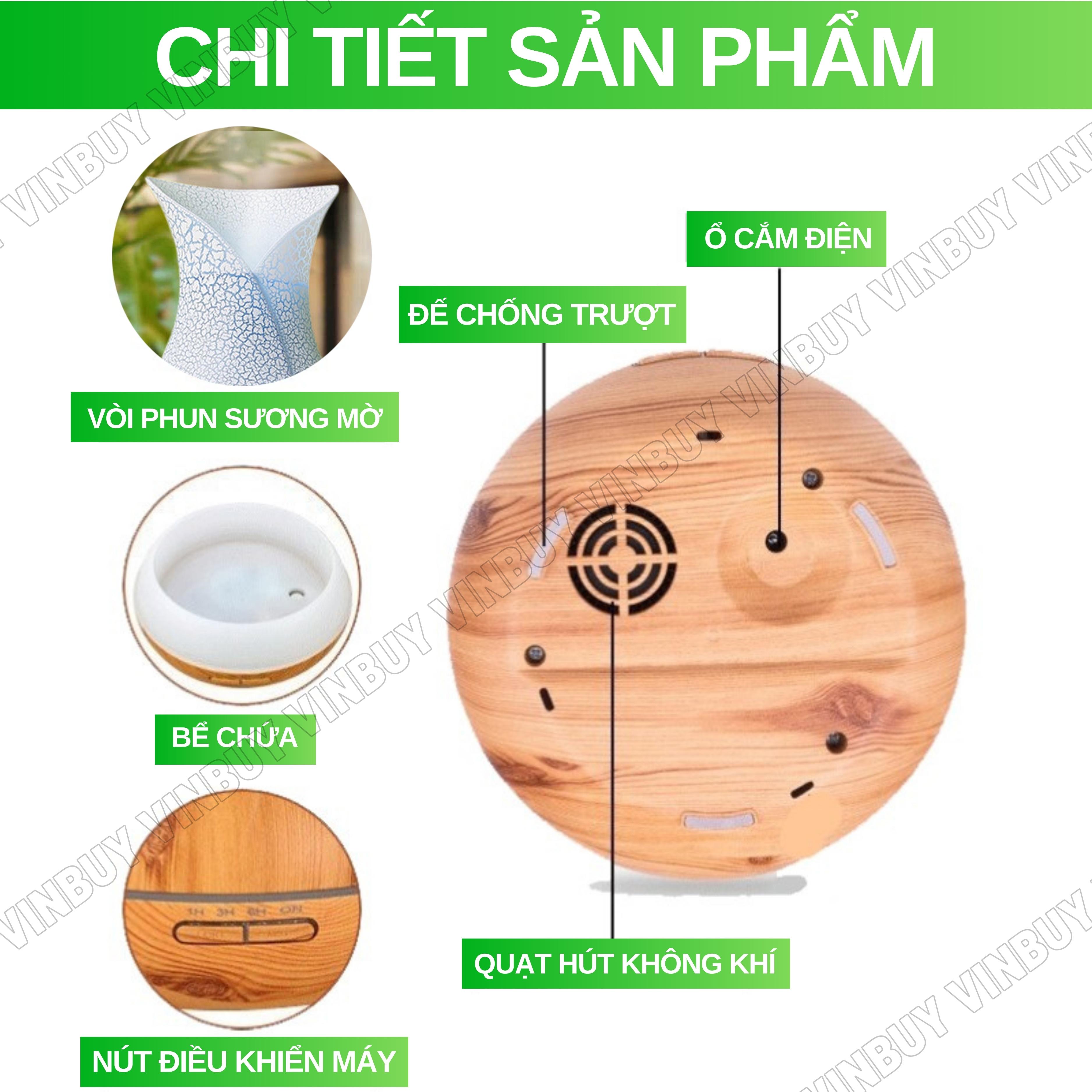 Máy xông tinh dầu VINBUY lục bình, máy khuếch tán phun sương tạo ẩm, máy xông tinh dầu phòng ngủ, spa, tự động, dung tích lớn led 07 màu - Hàng chính hãng