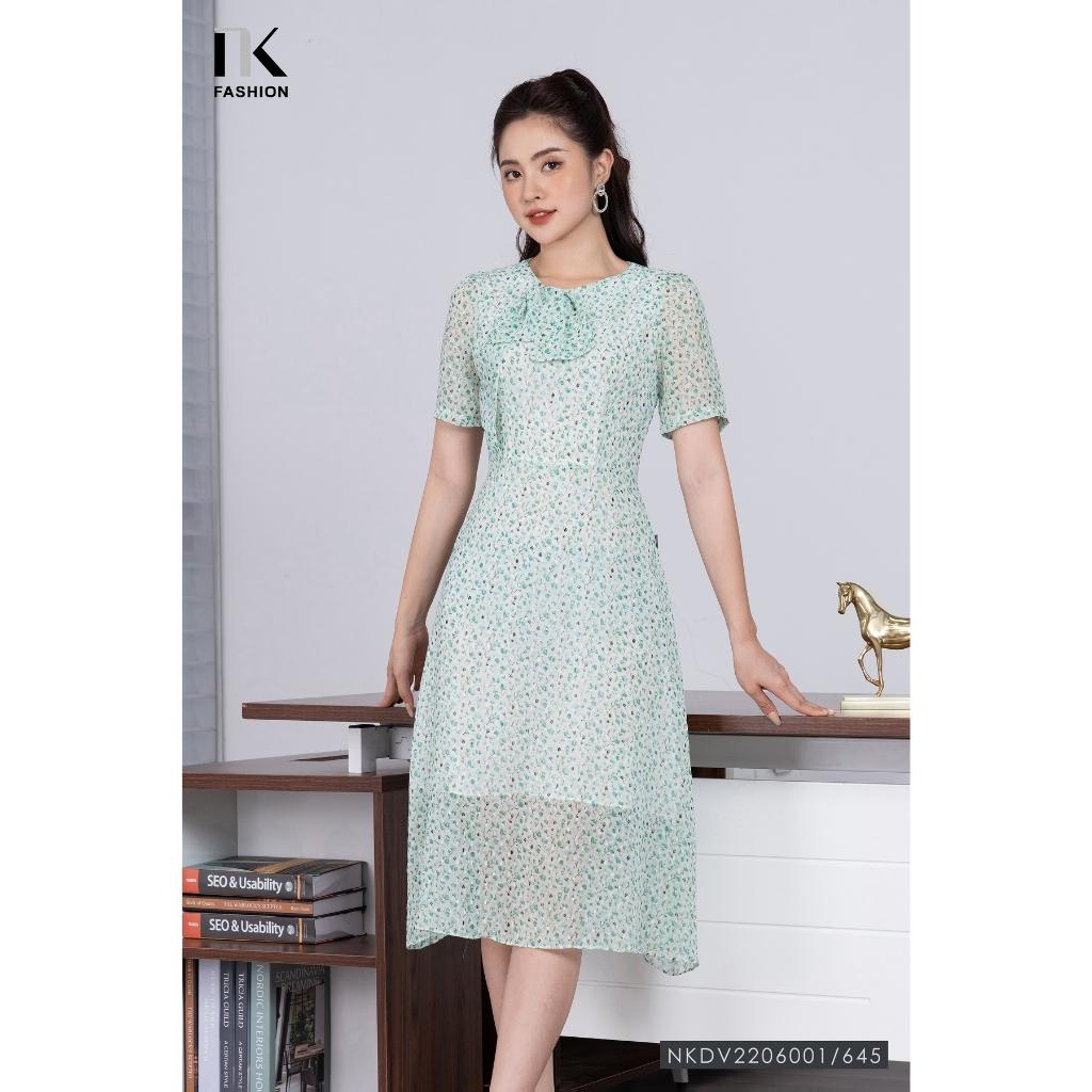 Đầm Nữ Dáng Xòe NK Fashion Họa Tiết Hoa Nổi Phối Nơ Cổ, Chất Voan Hàn Cao Cấp Mềm Mịn Có Lớp Lót NKDV2206001