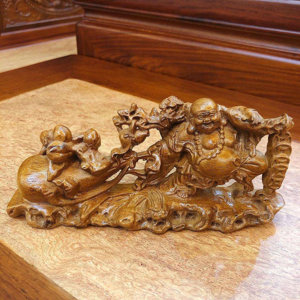 Tượng Gỗ Bách Xanh Phật Di Lặc Kéo Bao Tiền Để Xe Ô Tô, Bàn Làm Việc