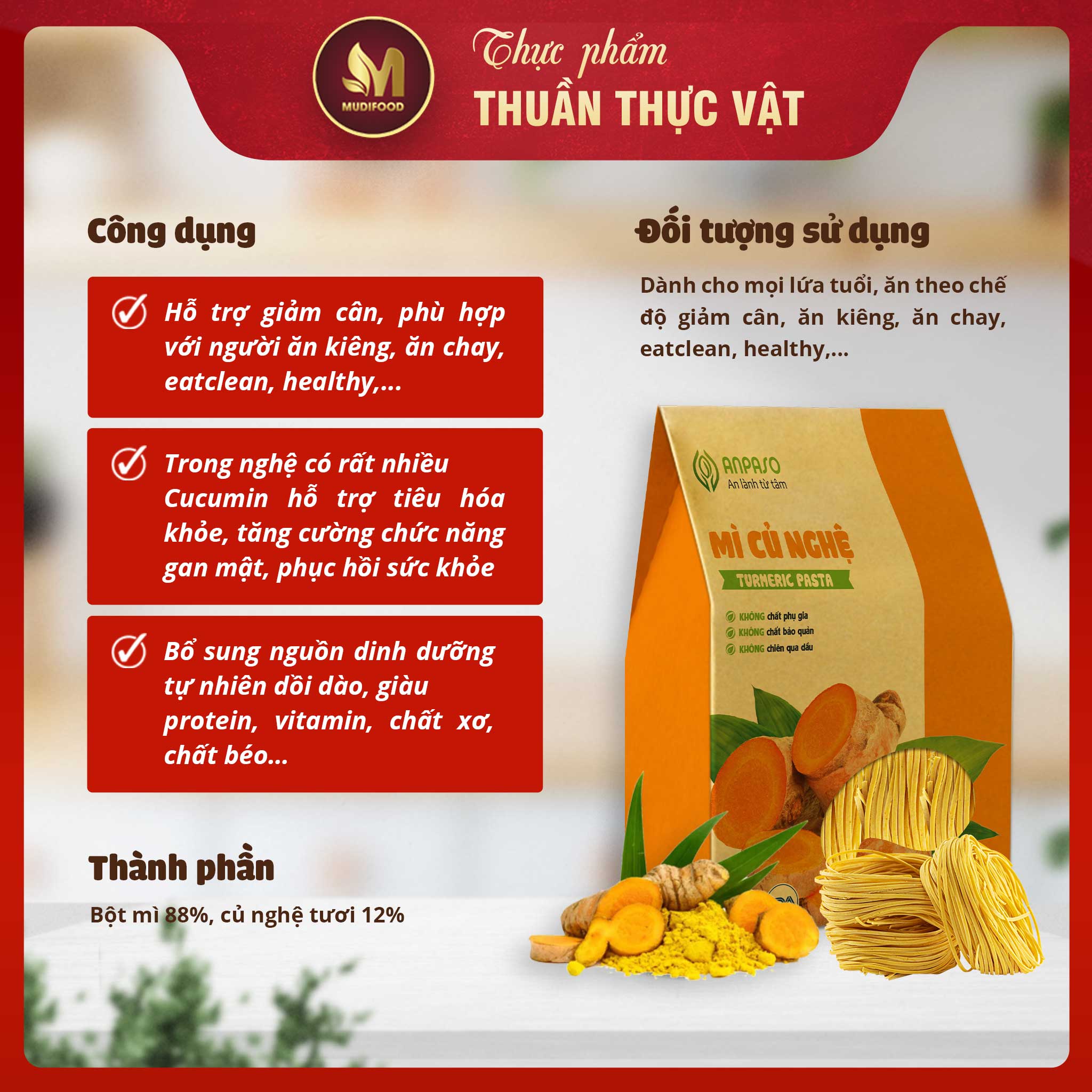 Mì Củ Nghệ Organic Gia Đình Anpaso 120g/ 300g - Cung Cấp Nhiều Vitamin, Giàu Sắt, Protein Thực Vật, Chất Xơ, Tốt Cho Sức Khỏe, Tăng Cường Hệ Miễn Dịch, Hỗ Trợ Tiêu Hóa - Người Tập Gym và Yoga, Ăn Kiêng, Ăn Chay, Giảm Cân, Eat Clean