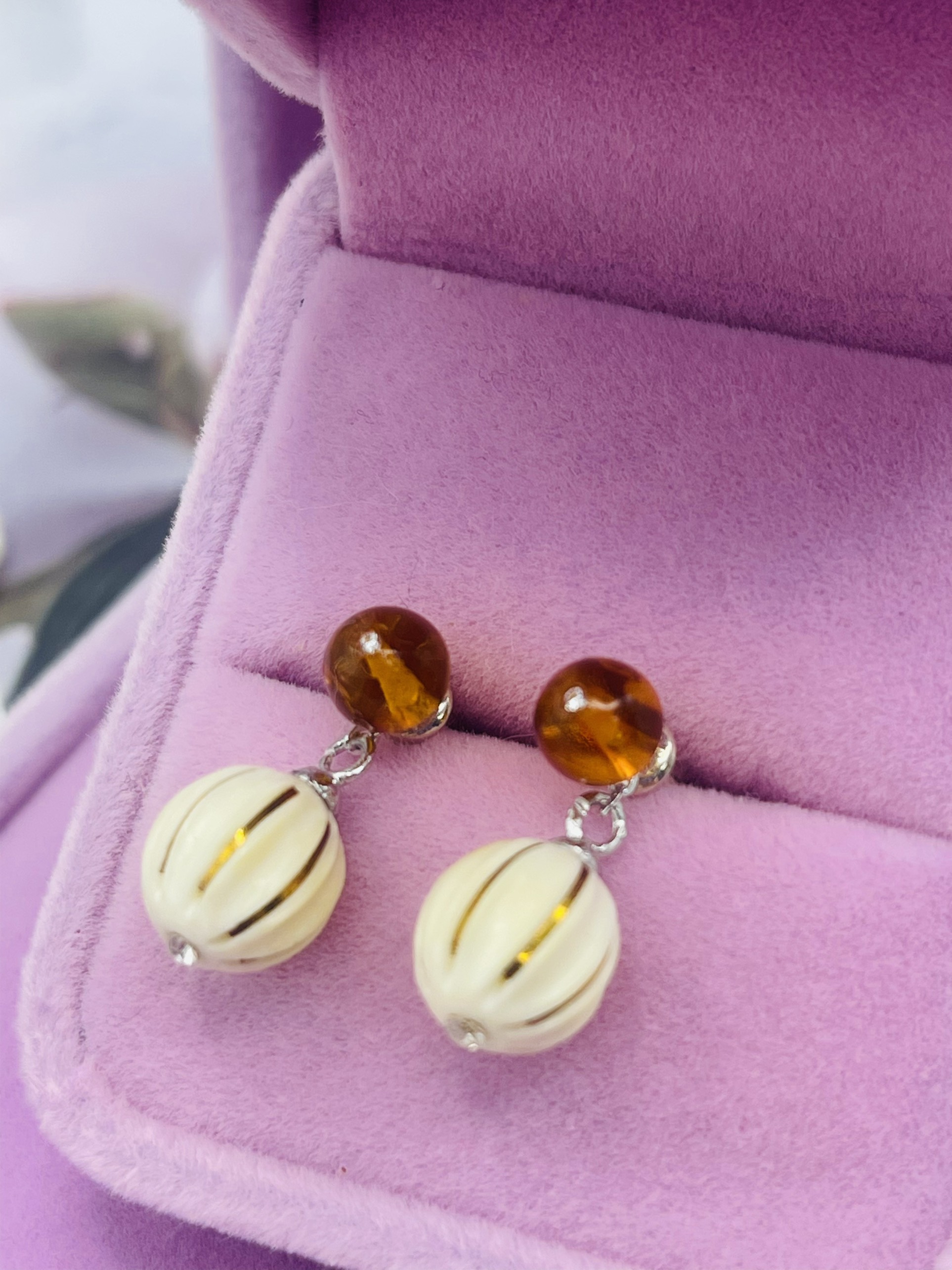Hoa tai Bạc 925 xi Kim phối Ngờ và Hổ Phách