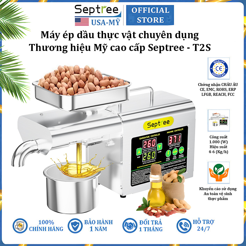 Máy ép dầu ăn thực vật chuyên dụng gia đình thương hiệu Septree T2S công suất 1000W - Trục ép dài 236mm - Hàng chính hãng (Bảo Hành 12 Tháng)