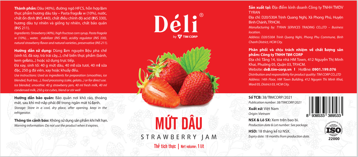 Mứt dâu pha chế Déli - chai 1L