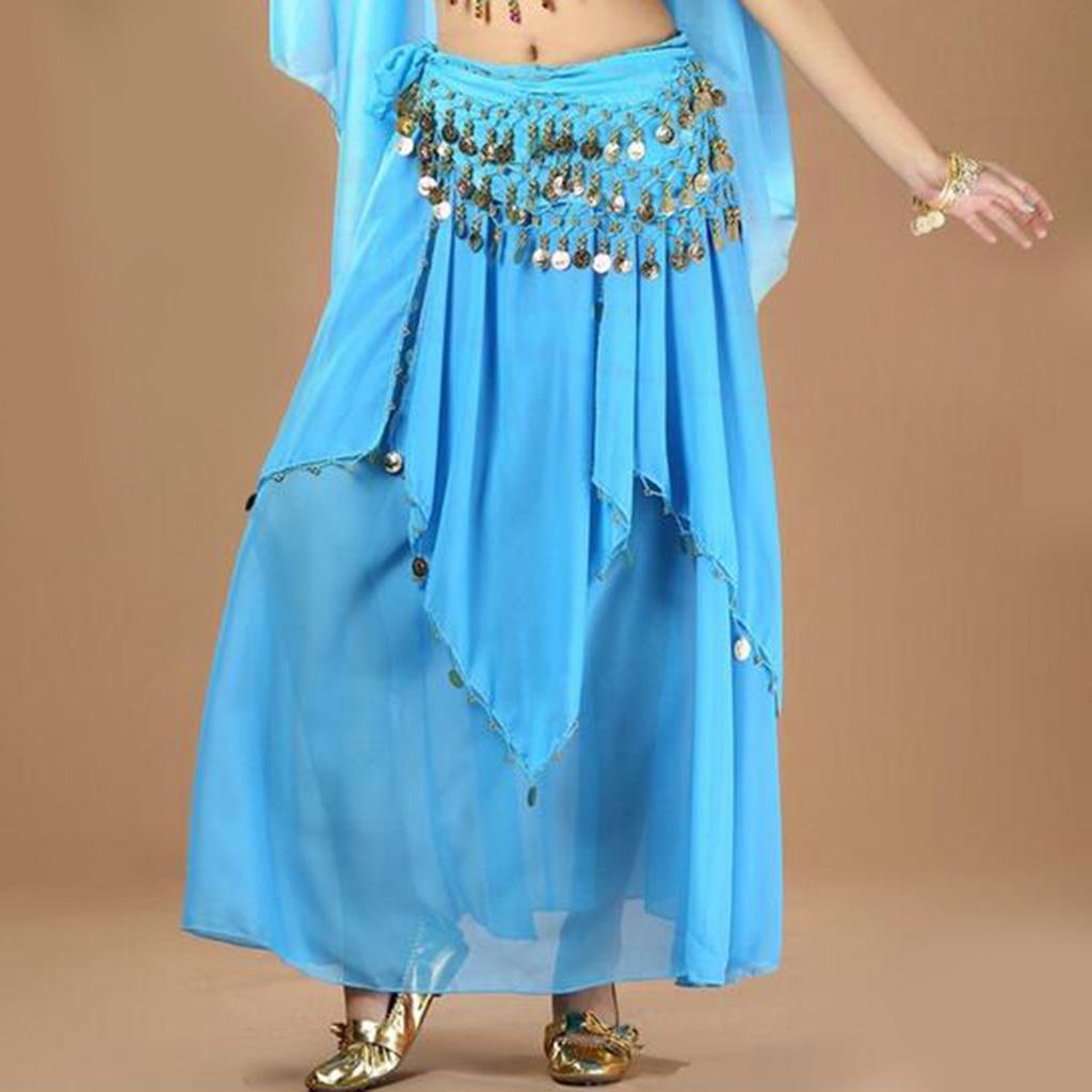 Women's Belly Dance Dresses Oriental Costumes Performance Dress Double Slits Belly Dance Skirts Dance Skirt With Coins Hip Scarf