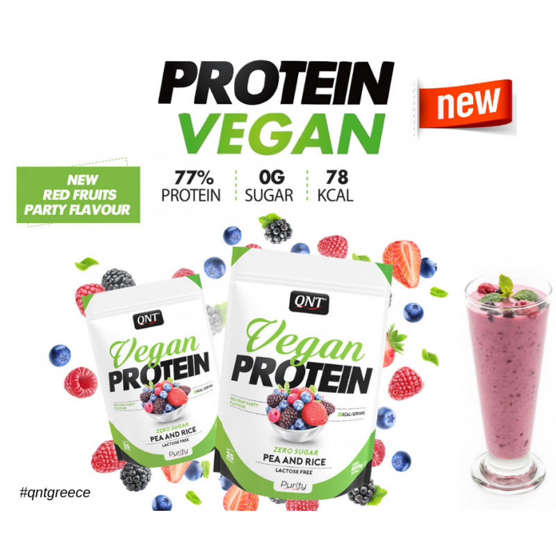 BỘT ĐẠM THUẦN CHAY HƯƠNG VỊ  HỖN HỢP QUẢ ĐỎ QNT Vegan Protein Red Fruit Party