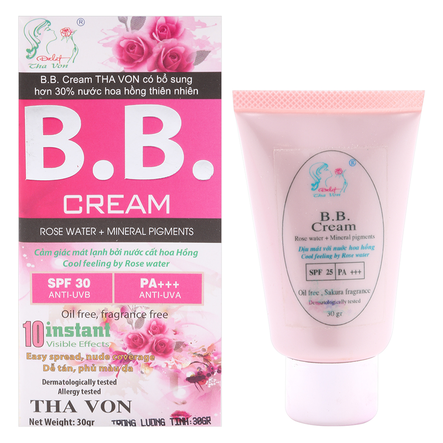 BB Cream Hoa Hồng /Tha Von (30g) da mặt bạn sáng rực rỡ hơn , làm mờ vết nám , che khuyết điểm ,  da mịn màng hơn , quà tặng 1 tupe BB cream Lavender 5 gam Dưỡng da , se khít lỗ chân lông do tác dụng của nước cất hoa hồng thiên nhiên