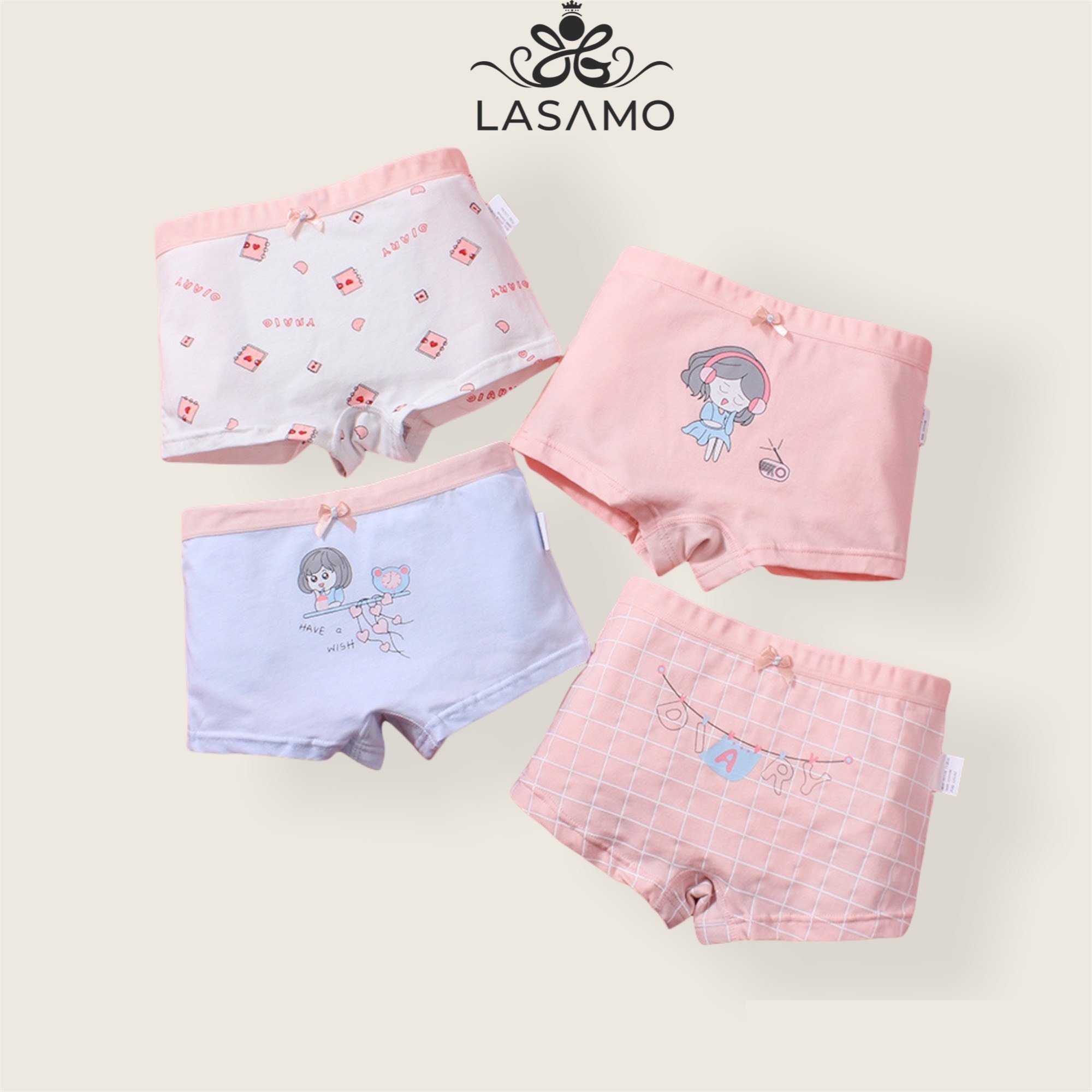 Set 4 chiếc quần chip bé gái, quần lót cho bé gái cotton cao cấp họa tiết Cô gái dễ thương hãng LASAMO mã QLB001