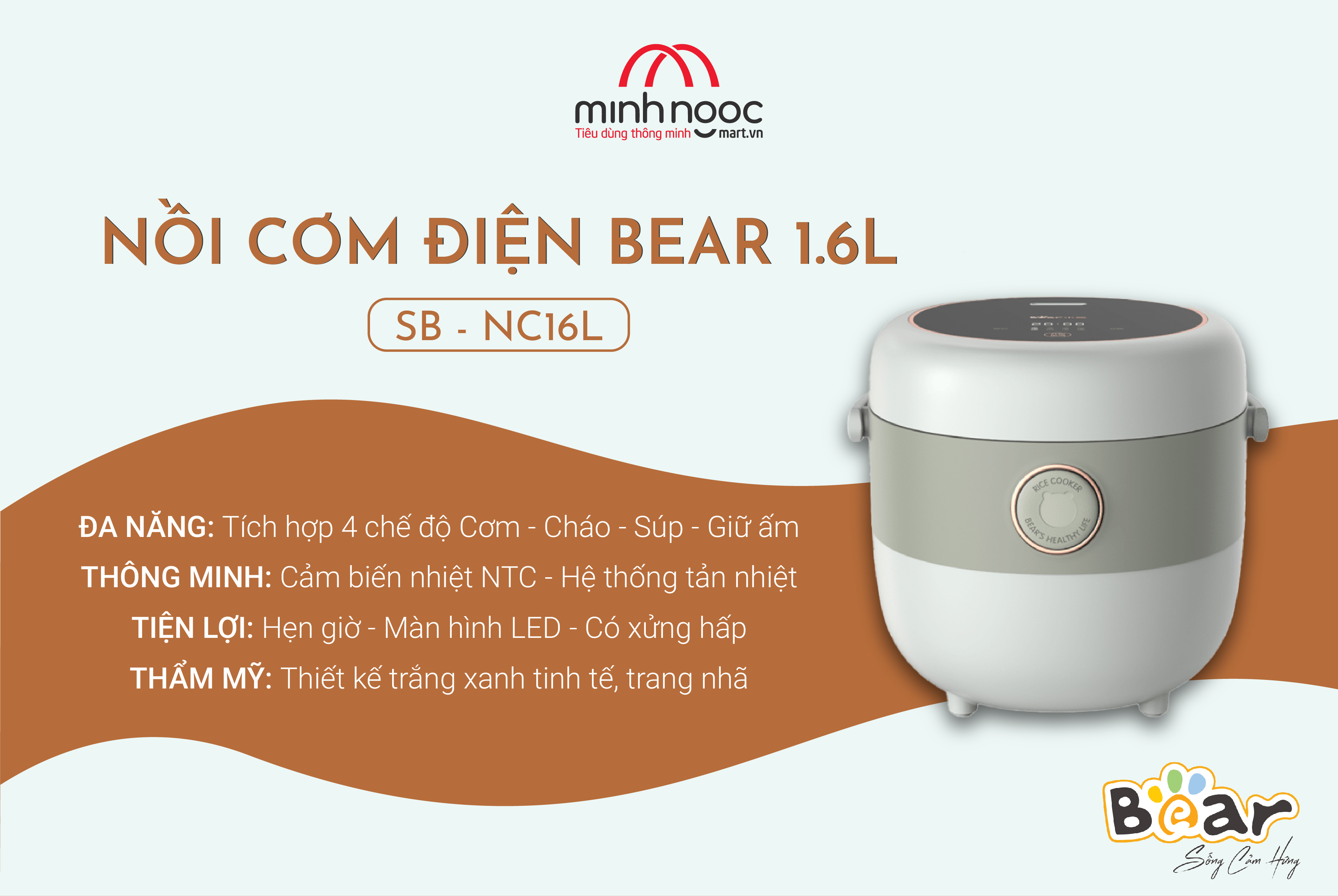 Nồi Cơm Cao Tần, Nồi Cơm Điện Thông Minh BEAR SB-NC16L Dung Tích 1.6 Lít Công Suất 400 W - Hàng Chính Hãng