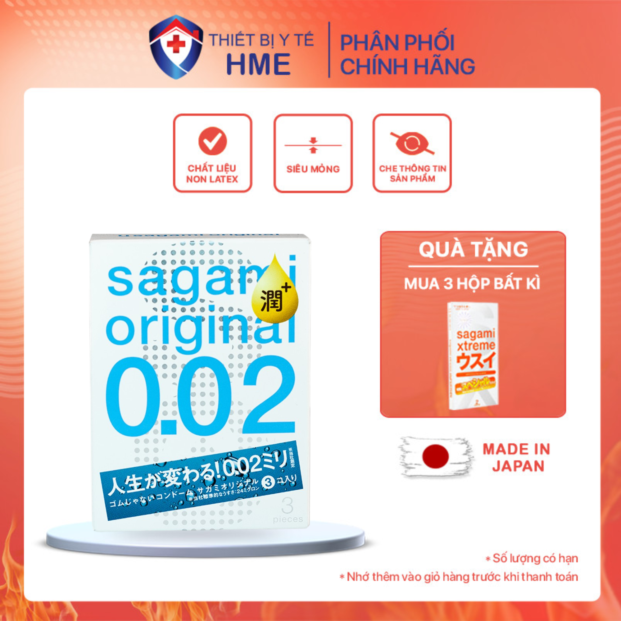Bao cao su cao cấp Sagami Original 0.02 Non Latex mượt mà, êm ái, chân thực, Hộp 3 chiếc