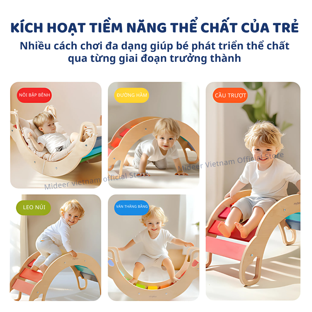 Ván thăng bằng montessori bập bênh vận động cho bé Mideer Rainbow Wooden Climber